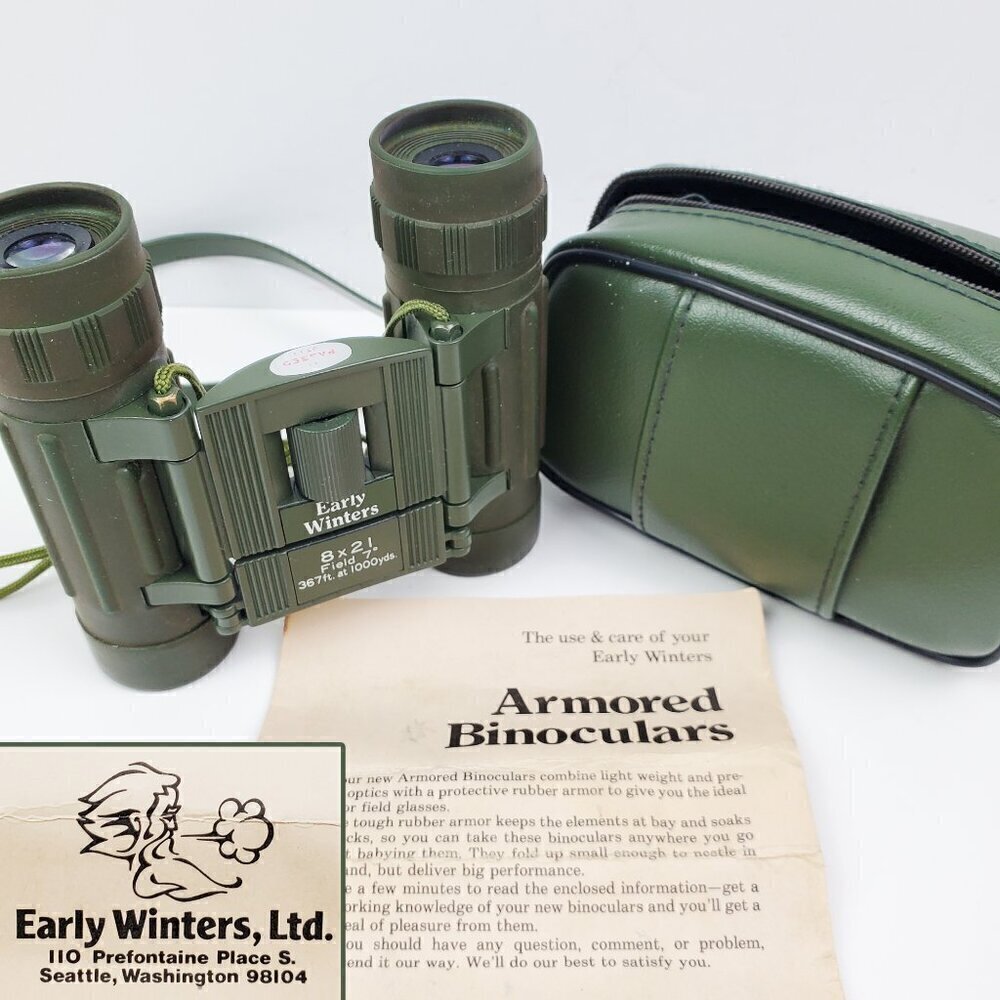 Early Winters Armored Binoculars VTG 8x21 Field 7º Made Japan Zip Bag Paperwork